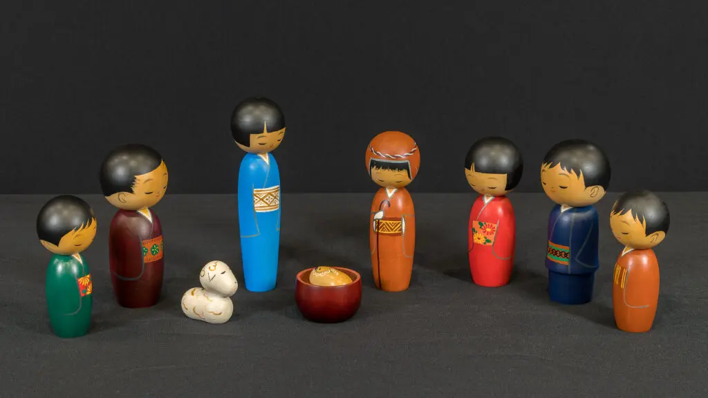 This round and colorful nativity from Japan is crafted in polychrome and wood. PHOTO BY AARON JOSEPH