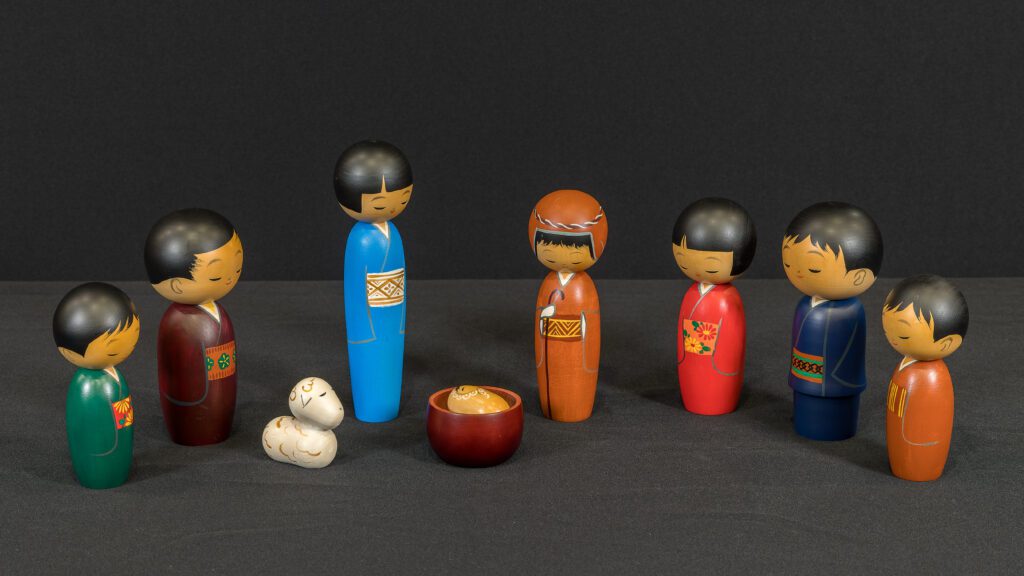 This round and colorful nativity from Japan is crafted in polychrome and wood. PHOTO BY AARON JOSEPH